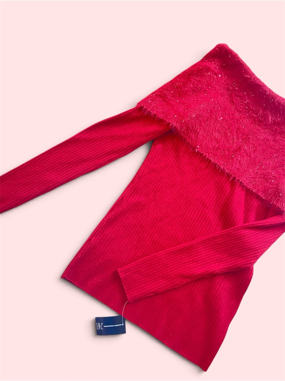INC Red Off The Shoulder Ribbed Knit Faux Fur Sequin Sweater size M.